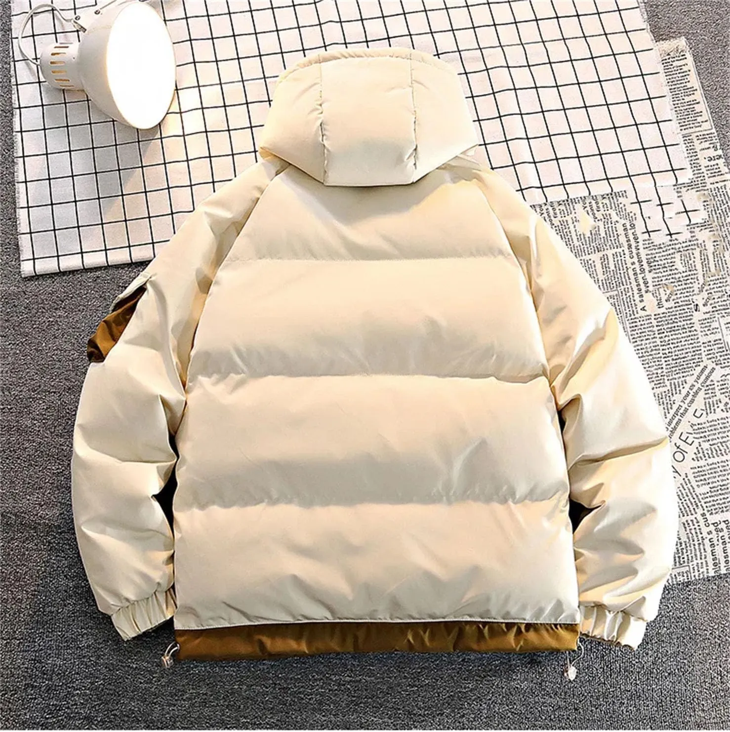 Men's Patchwork Drawstring Hooded Cotton-Padded Classic Thicken Warm Casual Parka Coat