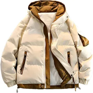 Men's Patchwork Drawstring Hooded Cotton-Padded Classic Thicken Warm Casual Parka Coat
