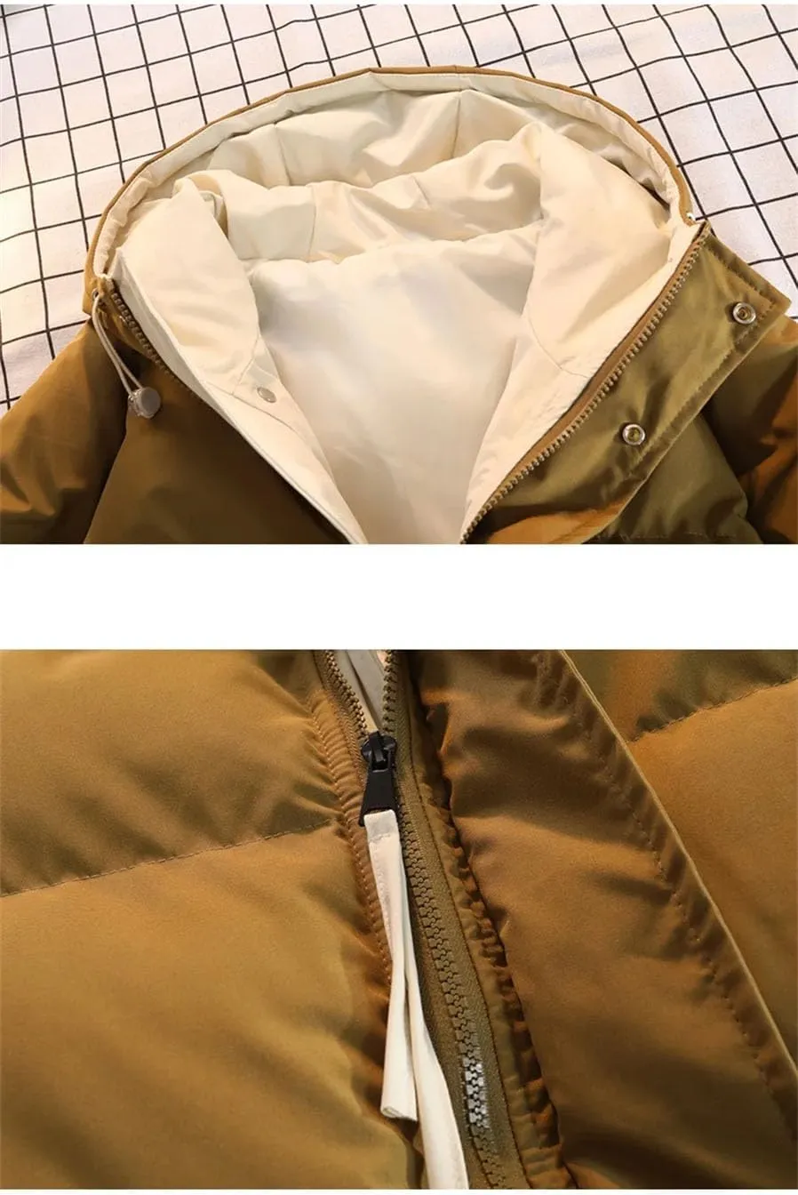 Men's Patchwork Drawstring Hooded Cotton-Padded Classic Thicken Warm Casual Parka Coat