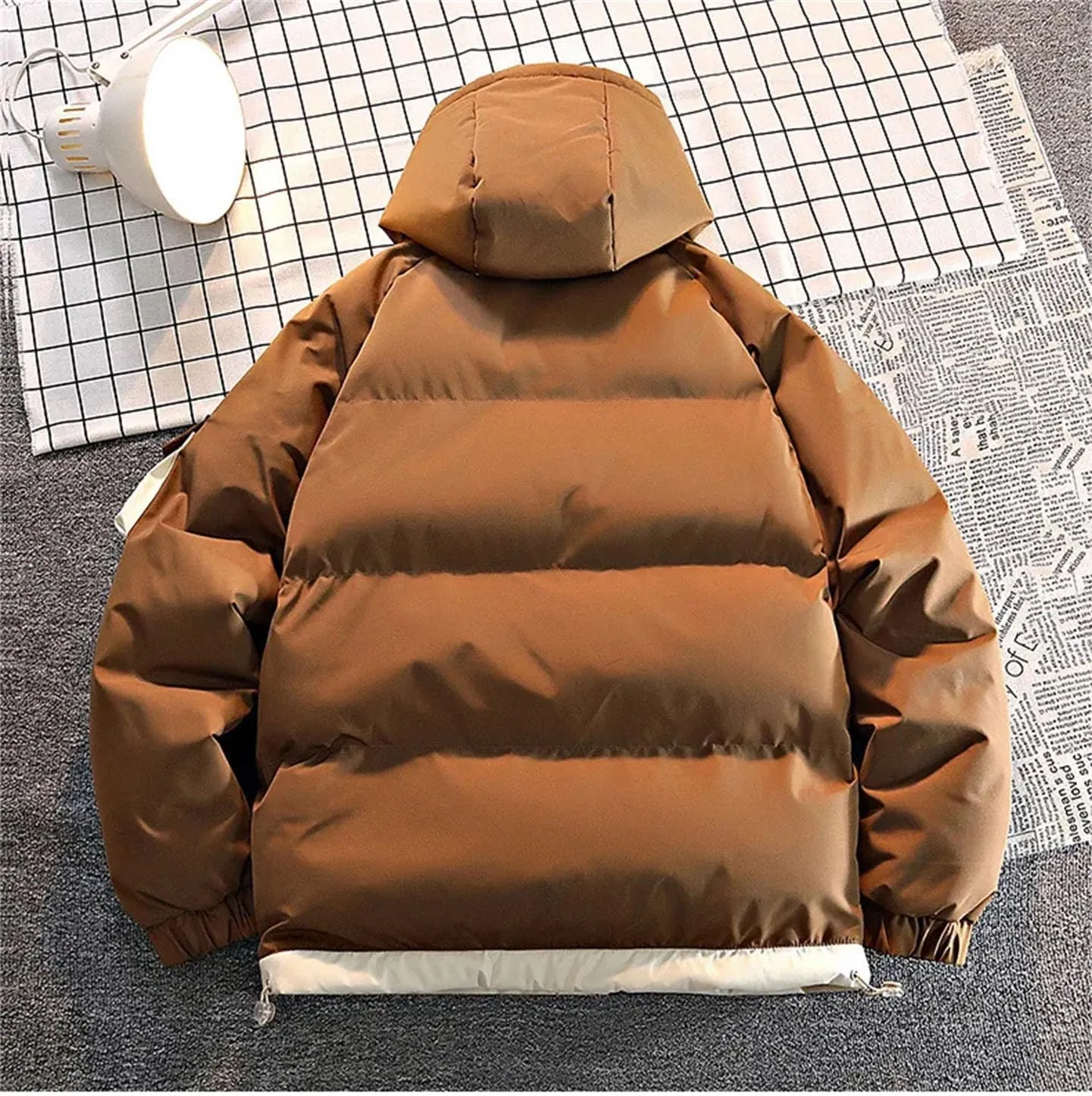 Men's Patchwork Drawstring Hooded Cotton-Padded Classic Thicken Warm Casual Parka Coat