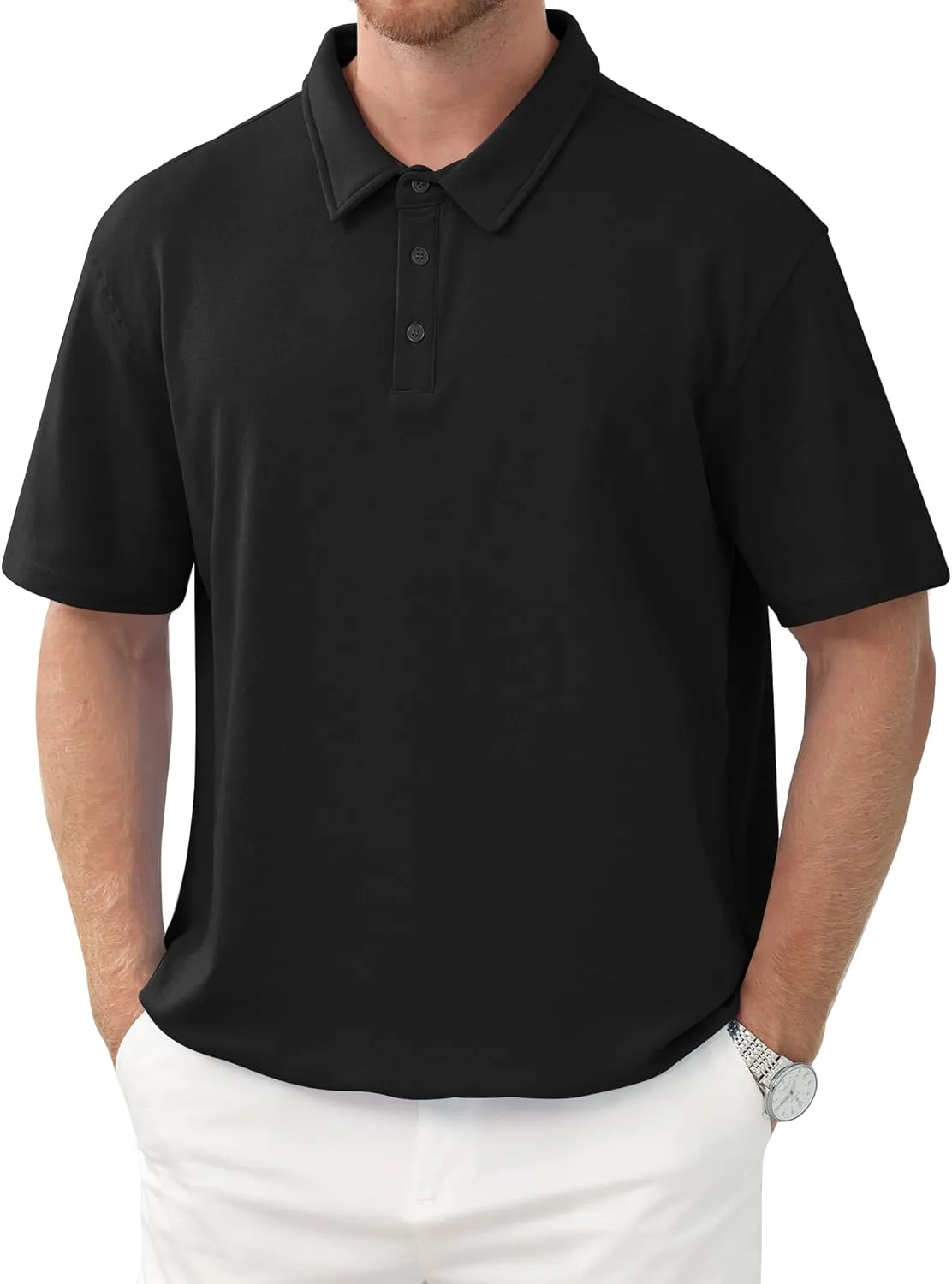 Men's Polo Shirts Short Sleeve Casual Banded Bottom Stretch Button Down Classic Golf Shirts Collared T-Shirt