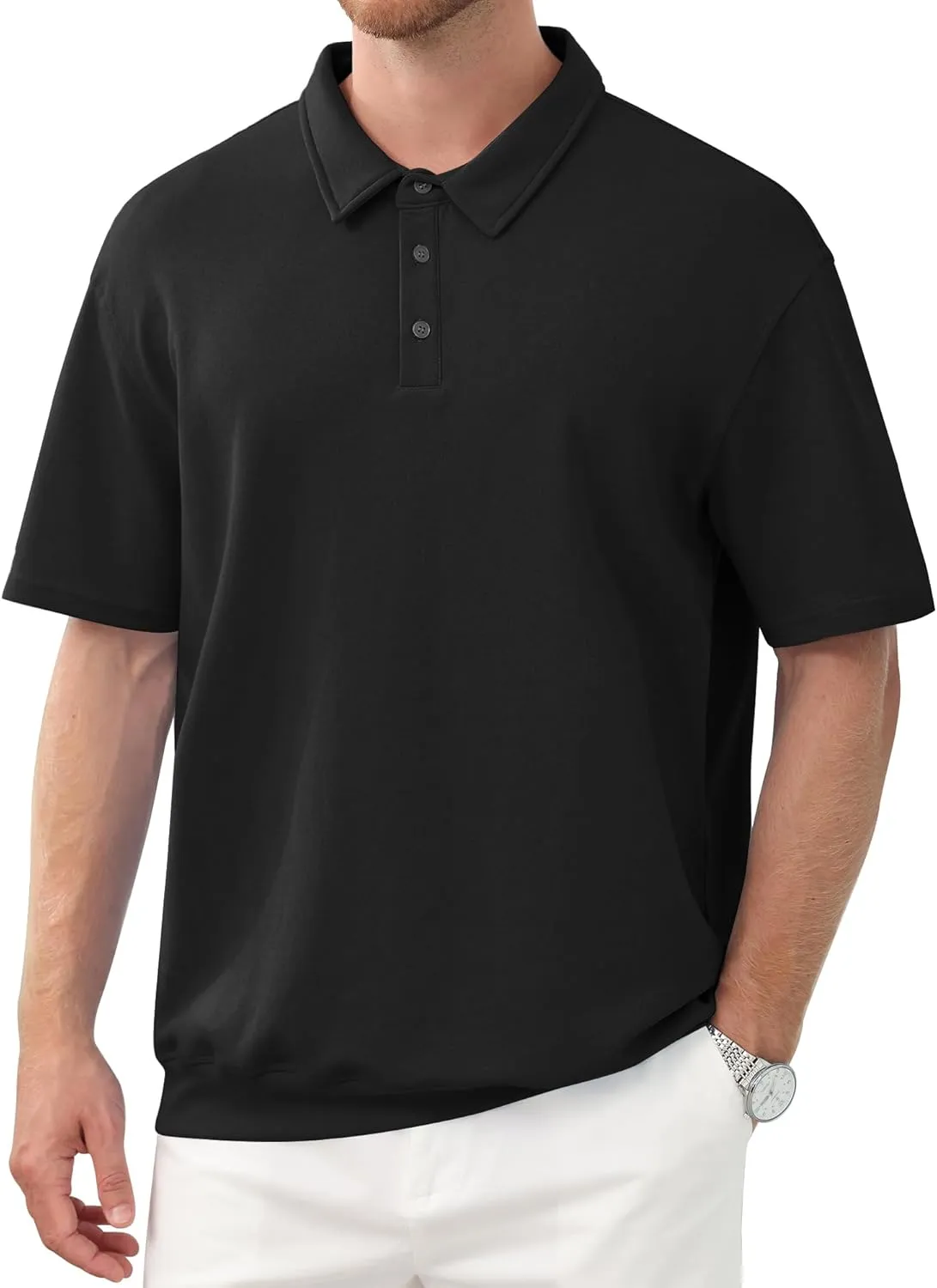 Men's Polo Shirts Short Sleeve Casual Banded Bottom Stretch Button Down Classic Golf Shirts Collared T-Shirt