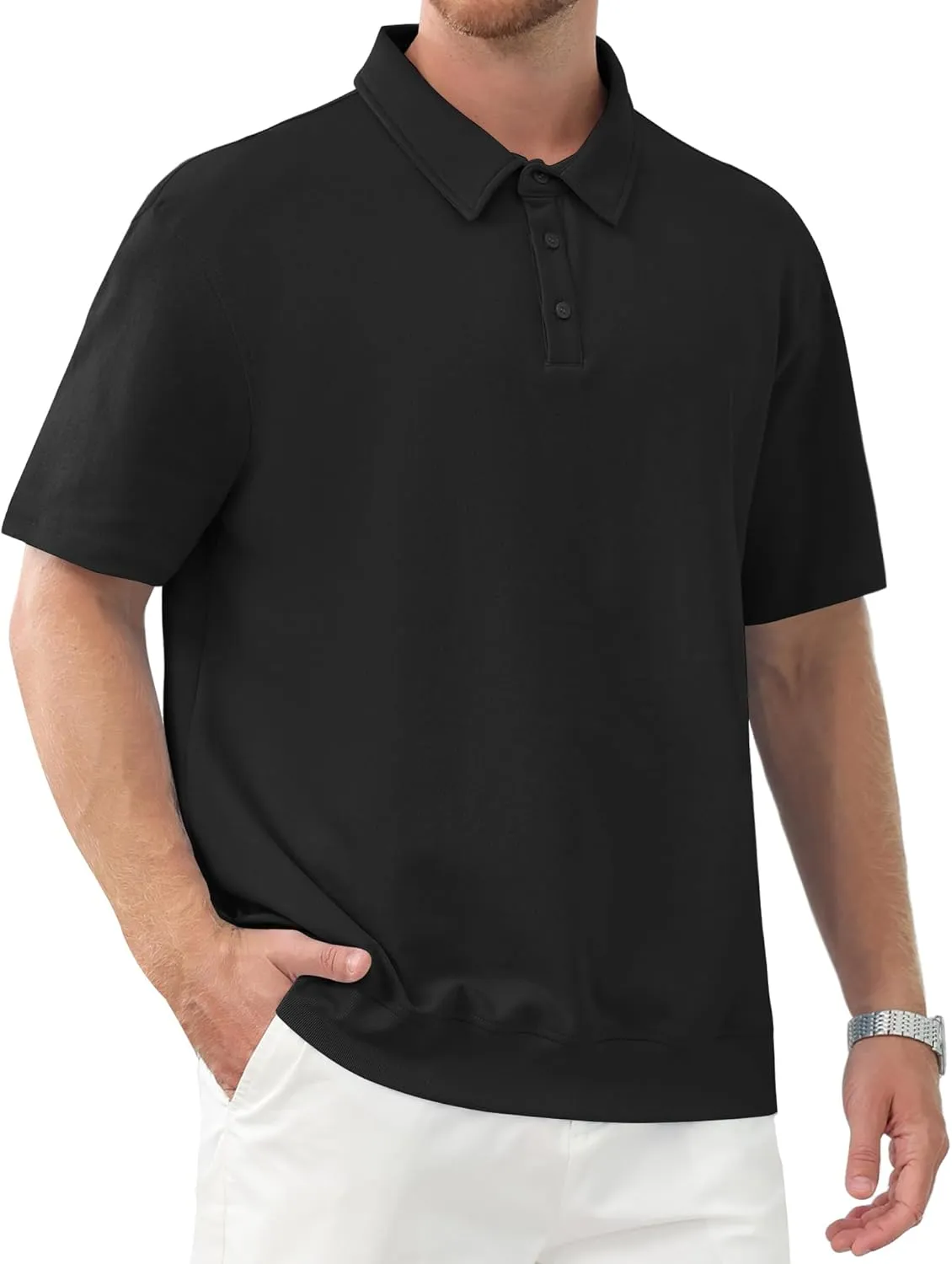 Men's Polo Shirts Short Sleeve Casual Banded Bottom Stretch Button Down Classic Golf Shirts Collared T-Shirt