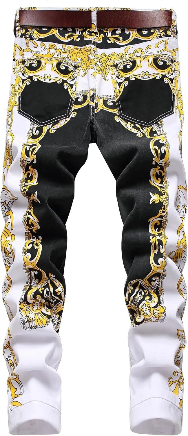 Mens Printed Jeans - Premium Jeans for Men Slim Fit - Skinny Stretch Denim Printed Pants for Men
