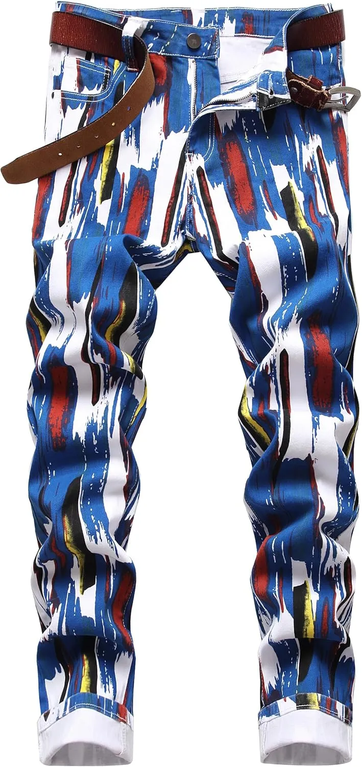 Mens Printed Jeans - Premium Jeans for Men Slim Fit - Skinny Stretch Denim Printed Pants for Men