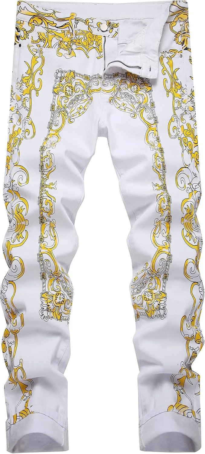 Mens Printed Jeans - Premium Jeans for Men Slim Fit - Skinny Stretch Denim Printed Pants for Men