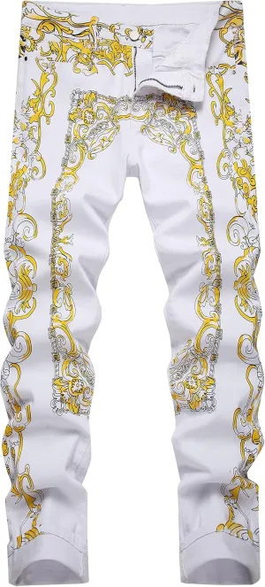 Mens Printed Jeans - Premium Jeans for Men Slim Fit - Skinny Stretch Denim Printed Pants for Men