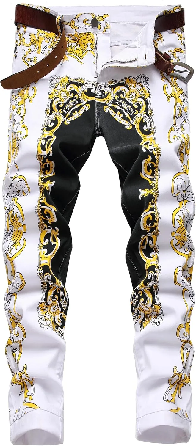 Mens Printed Jeans - Premium Jeans for Men Slim Fit - Skinny Stretch Denim Printed Pants for Men
