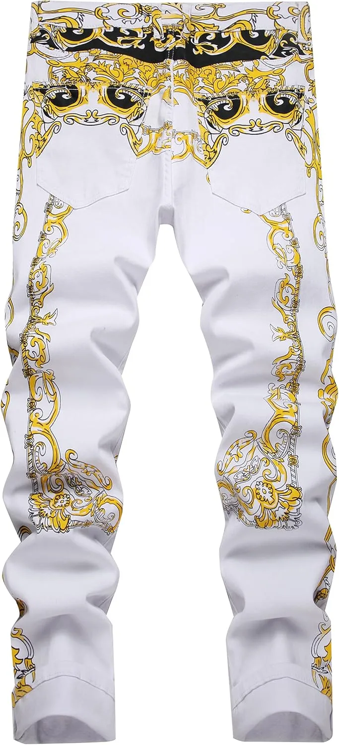 Mens Printed Jeans - Premium Jeans for Men Slim Fit - Skinny Stretch Denim Printed Pants for Men