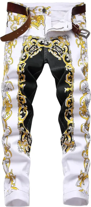 Mens Printed Jeans - Premium Jeans for Men Slim Fit - Skinny Stretch Denim Printed Pants for Men