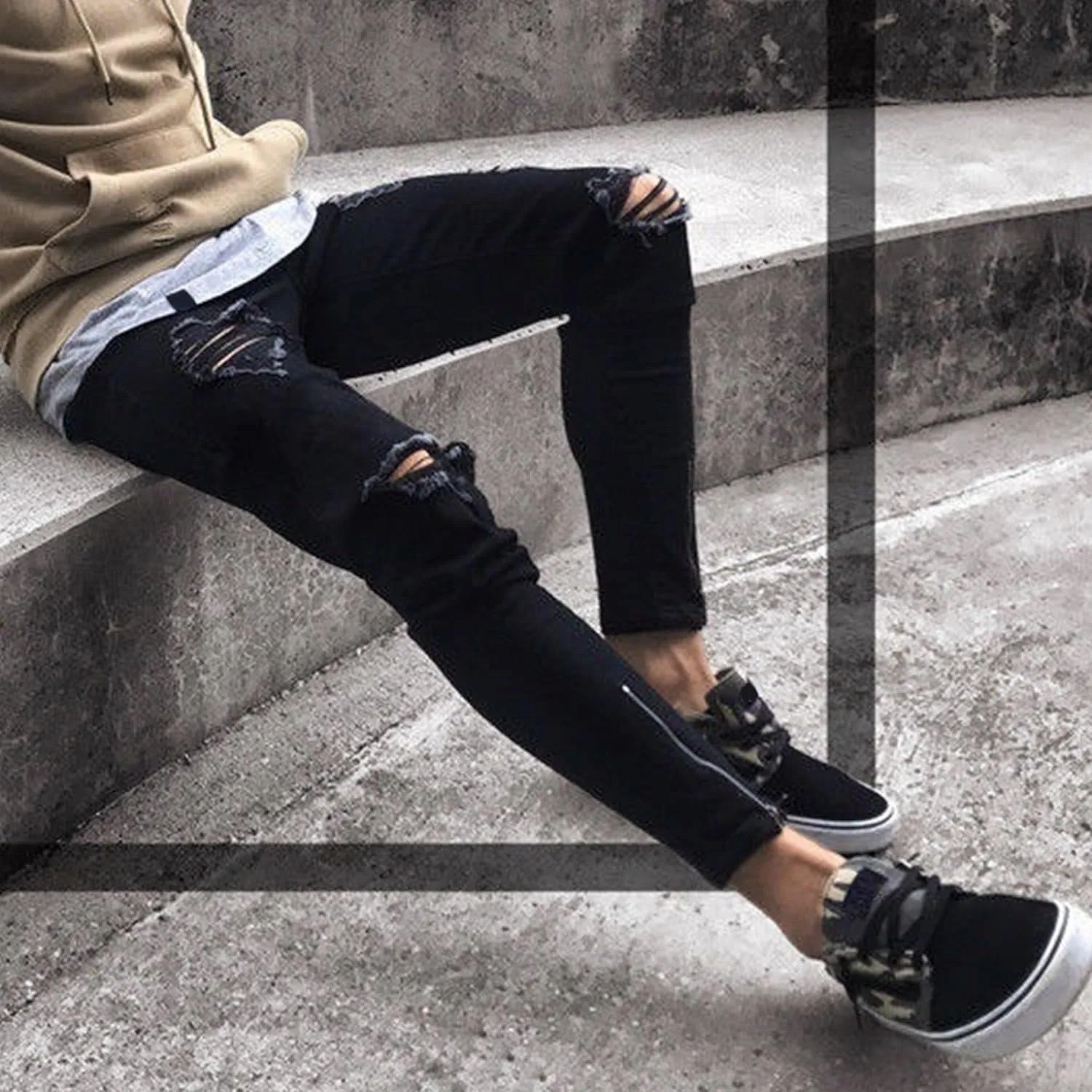 Mens Ripped Slim Stretch Denim Pants Destroyed Distressed Trousers Slim Fit Skinny Streetwear Denim Jean