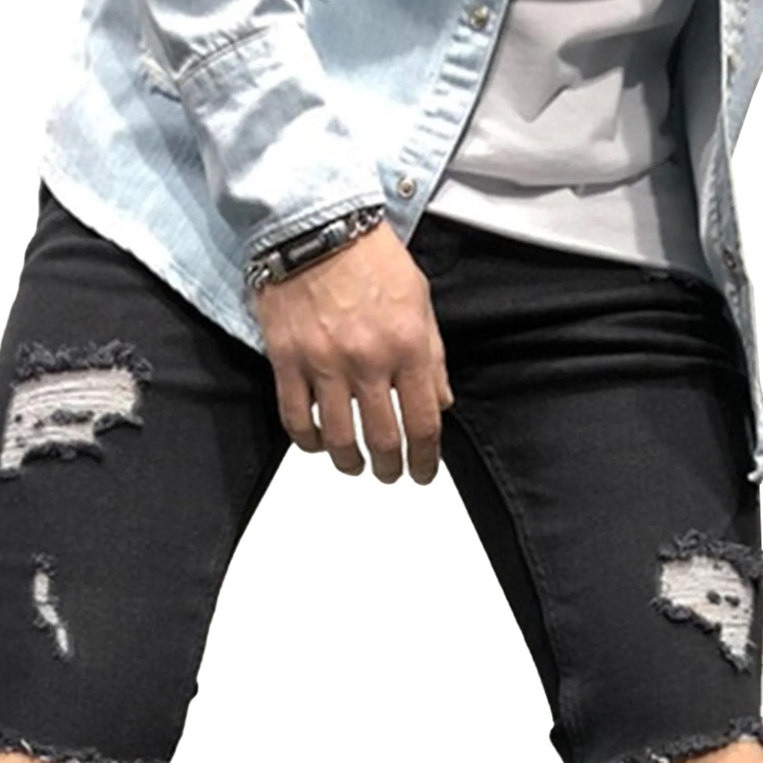 Mens Ripped Slim Stretch Denim Pants Destroyed Distressed Trousers Slim Fit Skinny Streetwear Denim Jean
