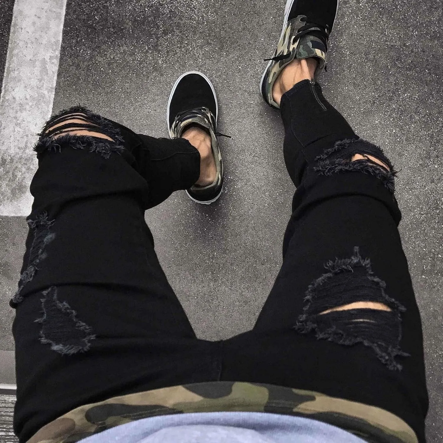 Mens Ripped Slim Stretch Denim Pants Destroyed Distressed Trousers Slim Fit Skinny Streetwear Denim Jean