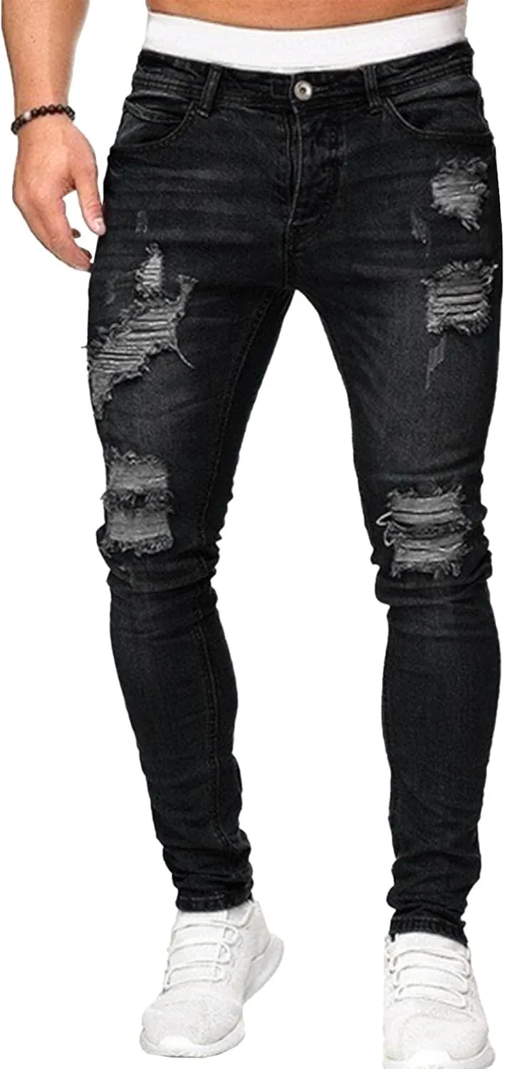 Mens Ripped Slim Stretch Denim Pants Destroyed Distressed Trousers Slim Fit Skinny Streetwear Denim Jean