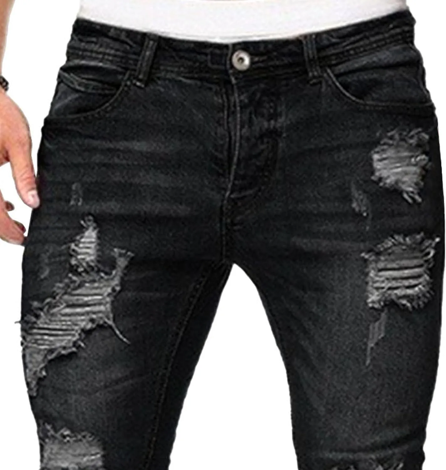 Mens Ripped Slim Stretch Denim Pants Destroyed Distressed Trousers Slim Fit Skinny Streetwear Denim Jean