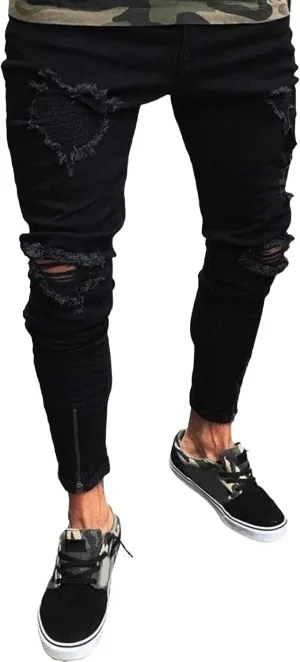 Mens Ripped Slim Stretch Denim Pants Destroyed Distressed Trousers Slim Fit Skinny Streetwear Denim Jean