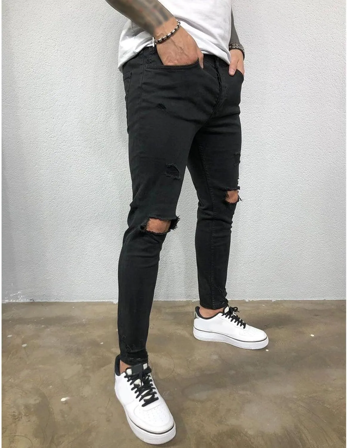 Mens Ripped Slim Stretch Denim Pants Destroyed Distressed Trousers Slim Fit Skinny Streetwear Denim Jean
