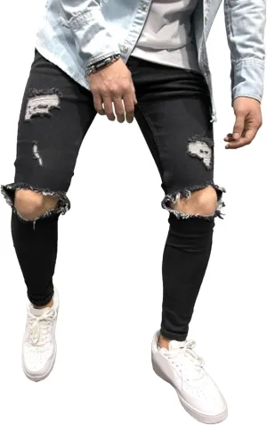 Mens Ripped Slim Stretch Denim Pants Destroyed Distressed Trousers Slim Fit Skinny Streetwear Denim Jean