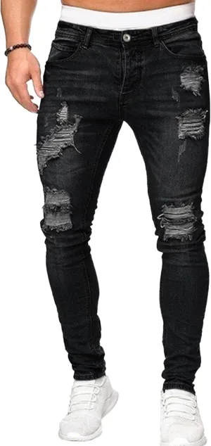 Mens Ripped Slim Stretch Denim Pants Destroyed Distressed Trousers Slim Fit Skinny Streetwear Denim Jean