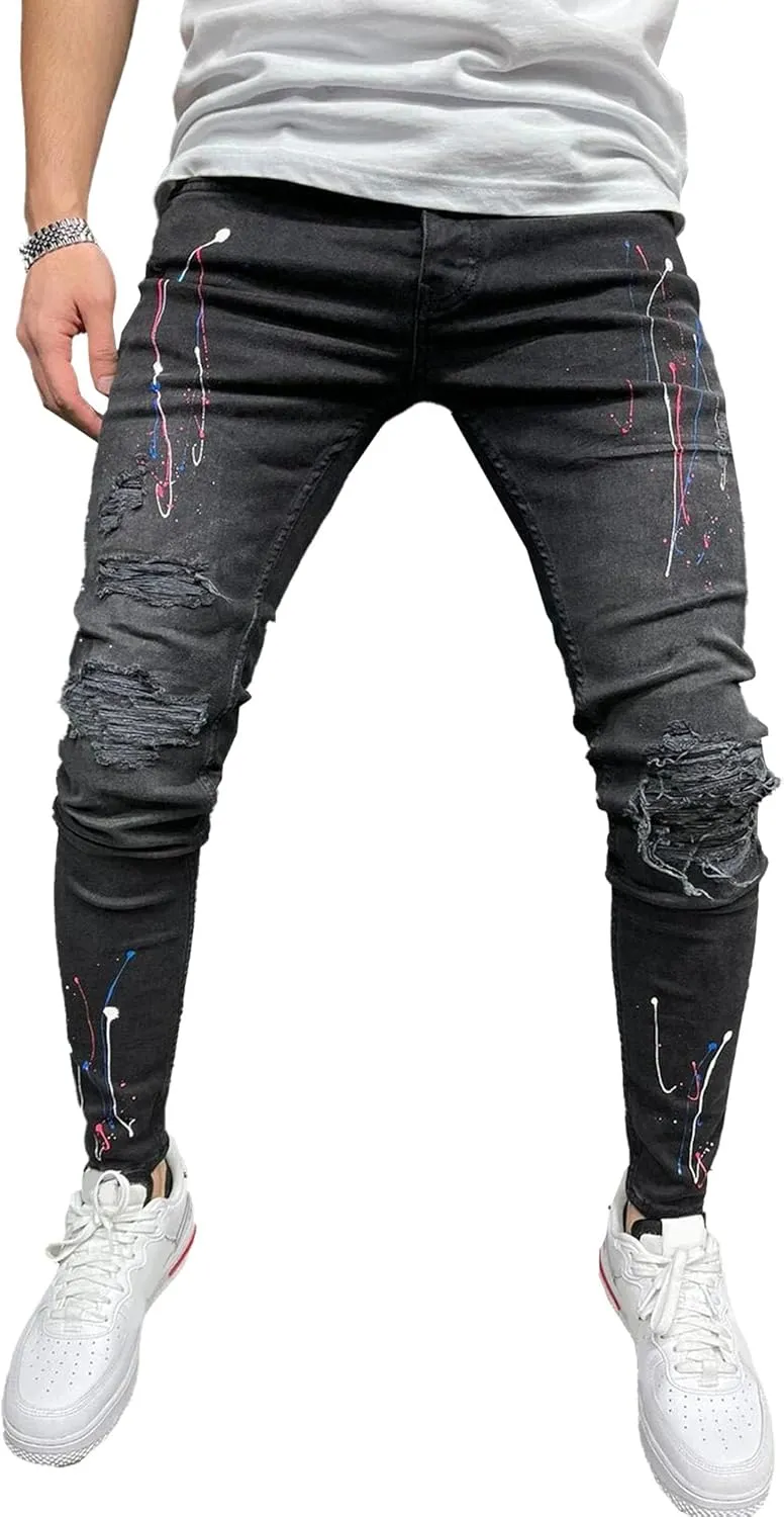 Mens Ripped Slim Stretch Denim Pants Destroyed Distressed Trousers Slim Fit Skinny Streetwear Denim Jean
