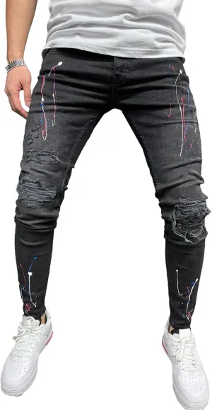 Mens Ripped Slim Stretch Denim Pants Destroyed Distressed Trousers Slim Fit Skinny Streetwear Denim Jean