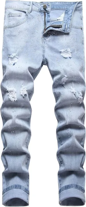 Men's Ripped Stretch Denim Trousers Personality Hot Diamond Fashion Slim Fit Jeans Pants Slim Fit Mens Underwear