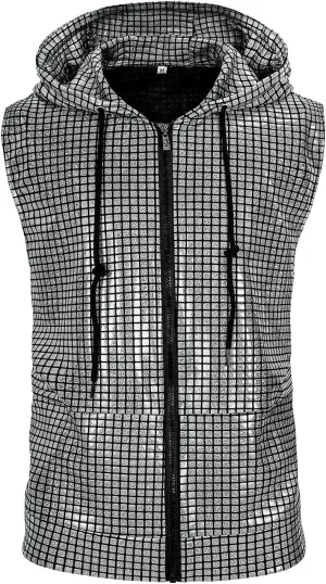 Men's Sequins Sleeveless Hooded Vest Disco Zippered Shirts 70s Disco Party Costume