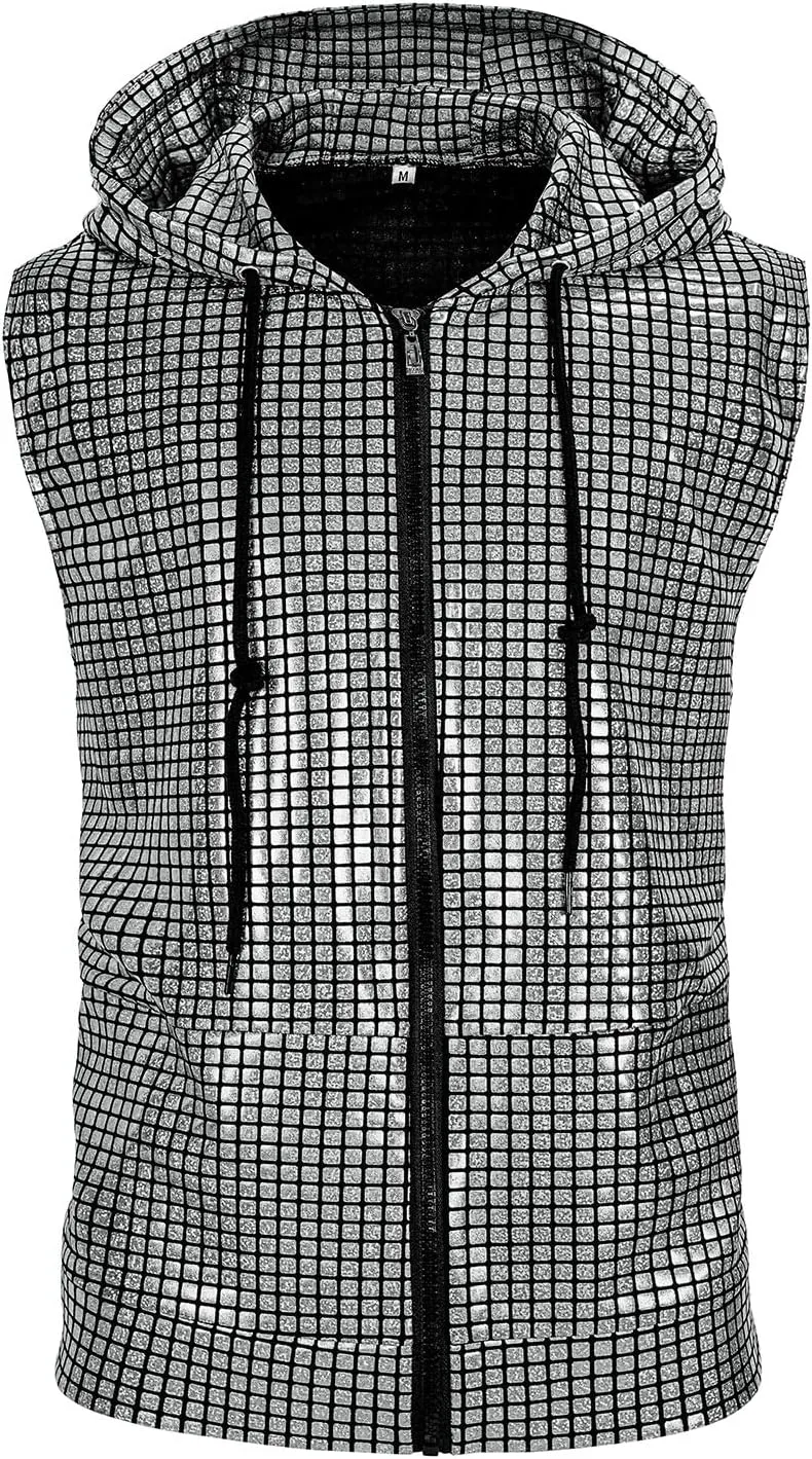 Men's Sequins Sleeveless Hooded Vest Disco Zippered Shirts 70s Disco Party Costume