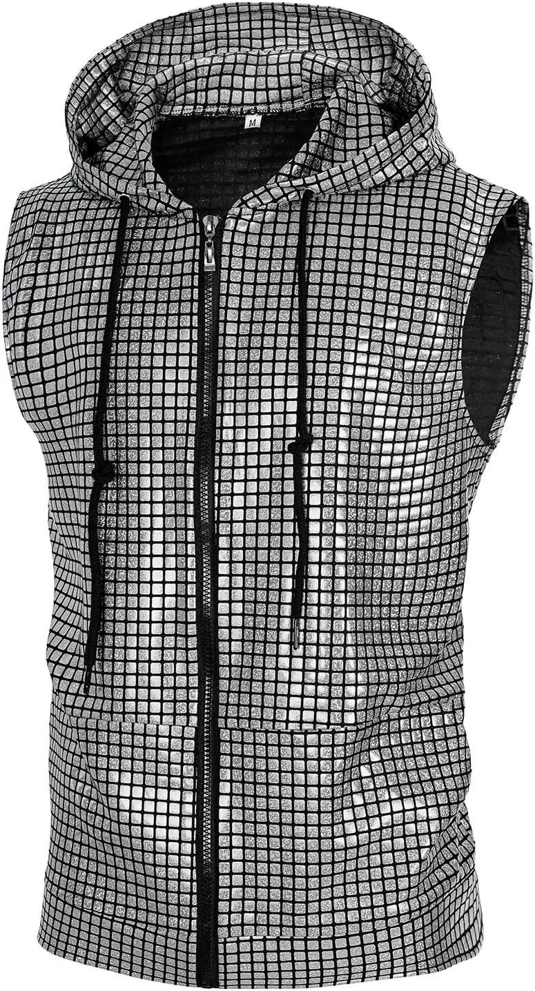 Men's Sequins Sleeveless Hooded Vest Disco Zippered Shirts 70s Disco Party Costume