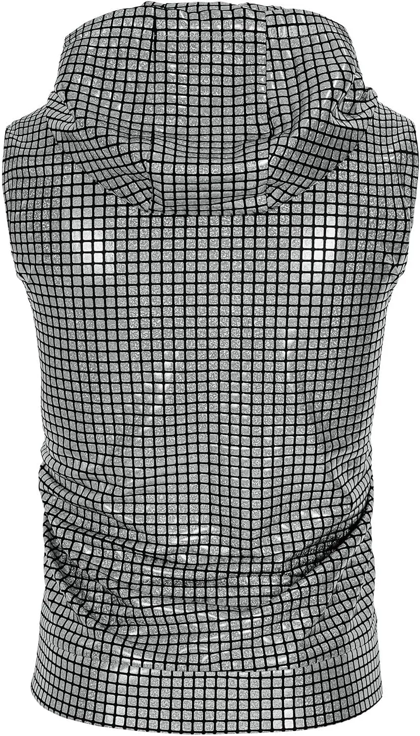 Men's Sequins Sleeveless Hooded Vest Disco Zippered Shirts 70s Disco Party Costume