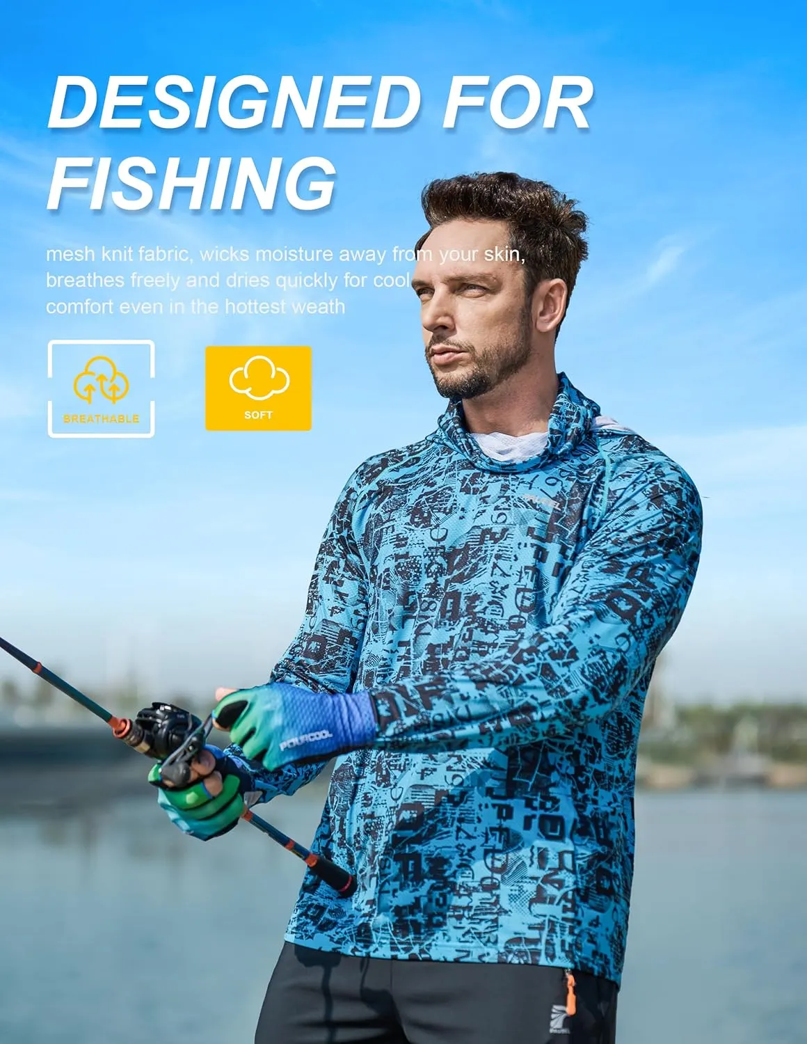 Men's Sun Protection Fishing Shirts UPF 50  Lightweight Hoodie Long Sleeve UV SPF Hooded Shirts with Mask Rash Guard