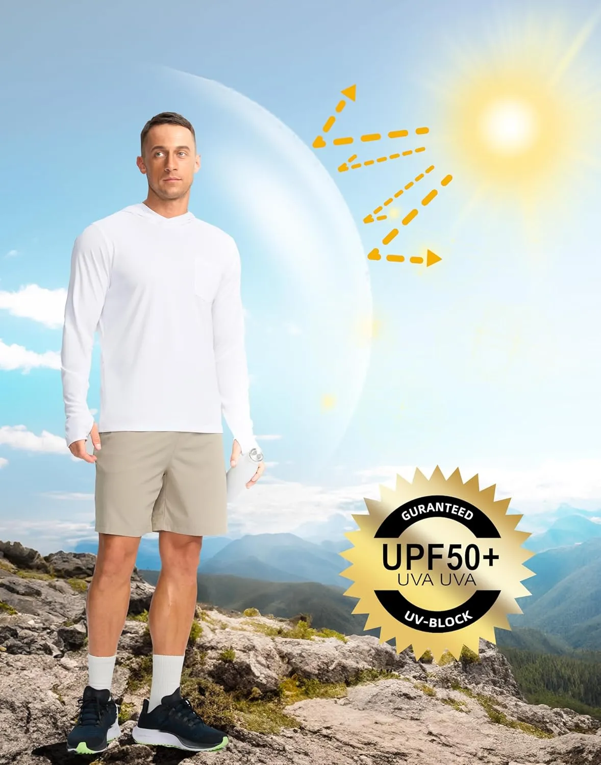Men's Sun Protection Shirts UPF 50  Long Sleeve Hoodie with 2 Pockets UV SPF Fishing Hiking Rash Guard Shirts