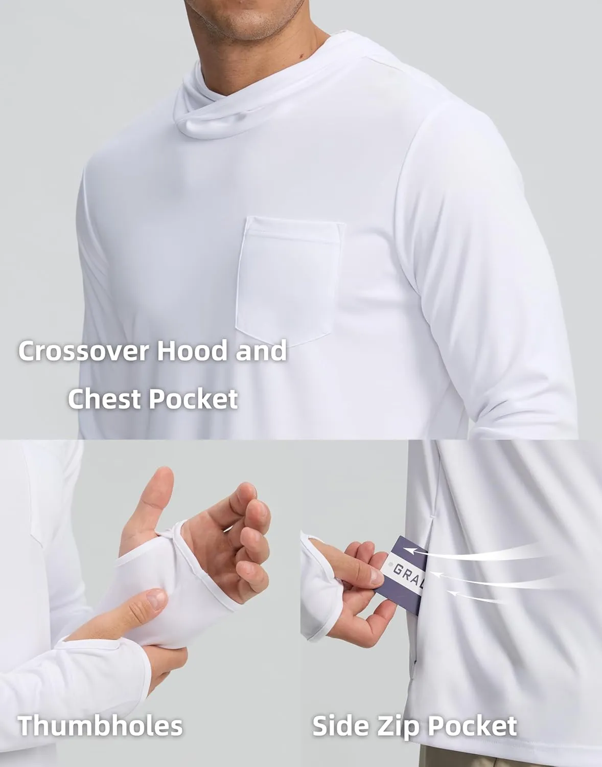 Men's Sun Protection Shirts UPF 50  Long Sleeve Hoodie with 2 Pockets UV SPF Fishing Hiking Rash Guard Shirts