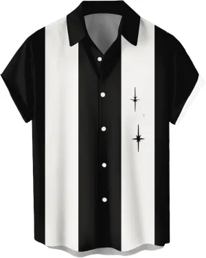 Men's Vintage Bowling Shirts 1950s Casual Short Sleeve Button Up Contrast Shirt Summer Color Block Cuban Shirts