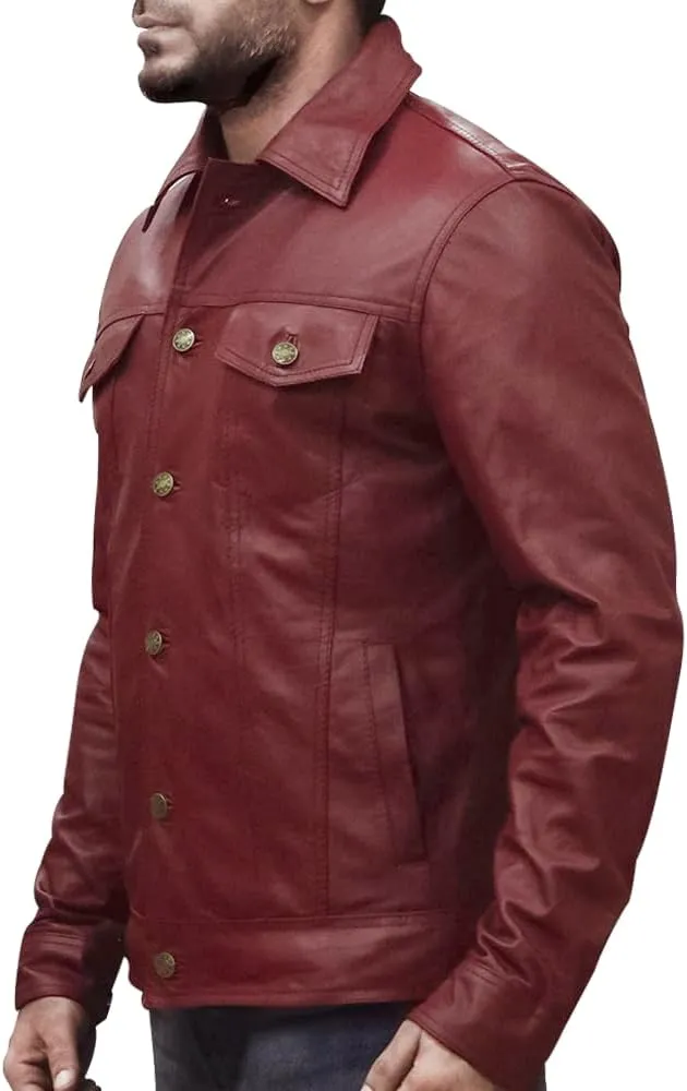 Mens Vintage Style Trucker Leather Jacket Lambskin Classic Fashion Mens Motorcycle Jackets