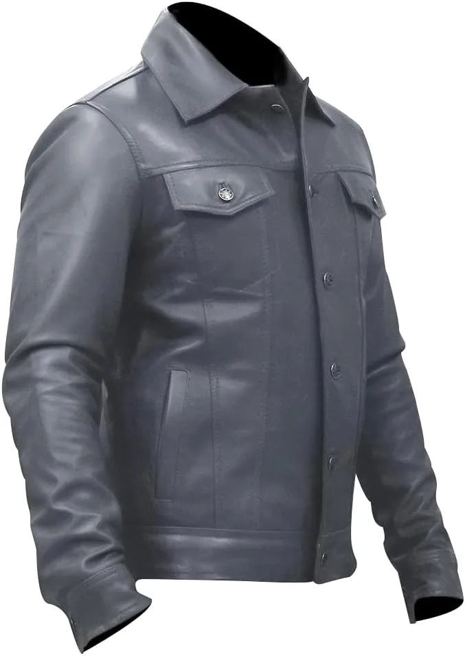 Mens Vintage Style Trucker Leather Jacket Lambskin Classic Fashion Mens Motorcycle Jackets