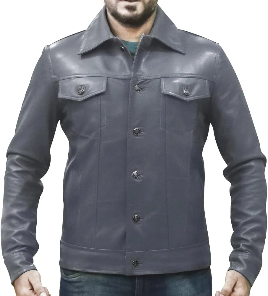Mens Vintage Style Trucker Leather Jacket Lambskin Classic Fashion Mens Motorcycle Jackets