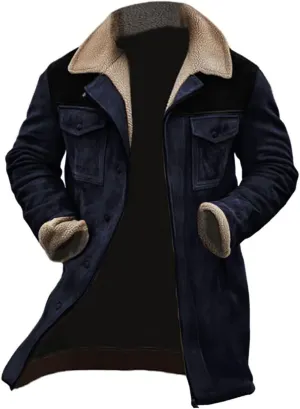 Men's Winter Vintage Suede Jacket with Plush Collar Retro Patchwork Reversed Collar Outdoor Coat Long Work Jackets