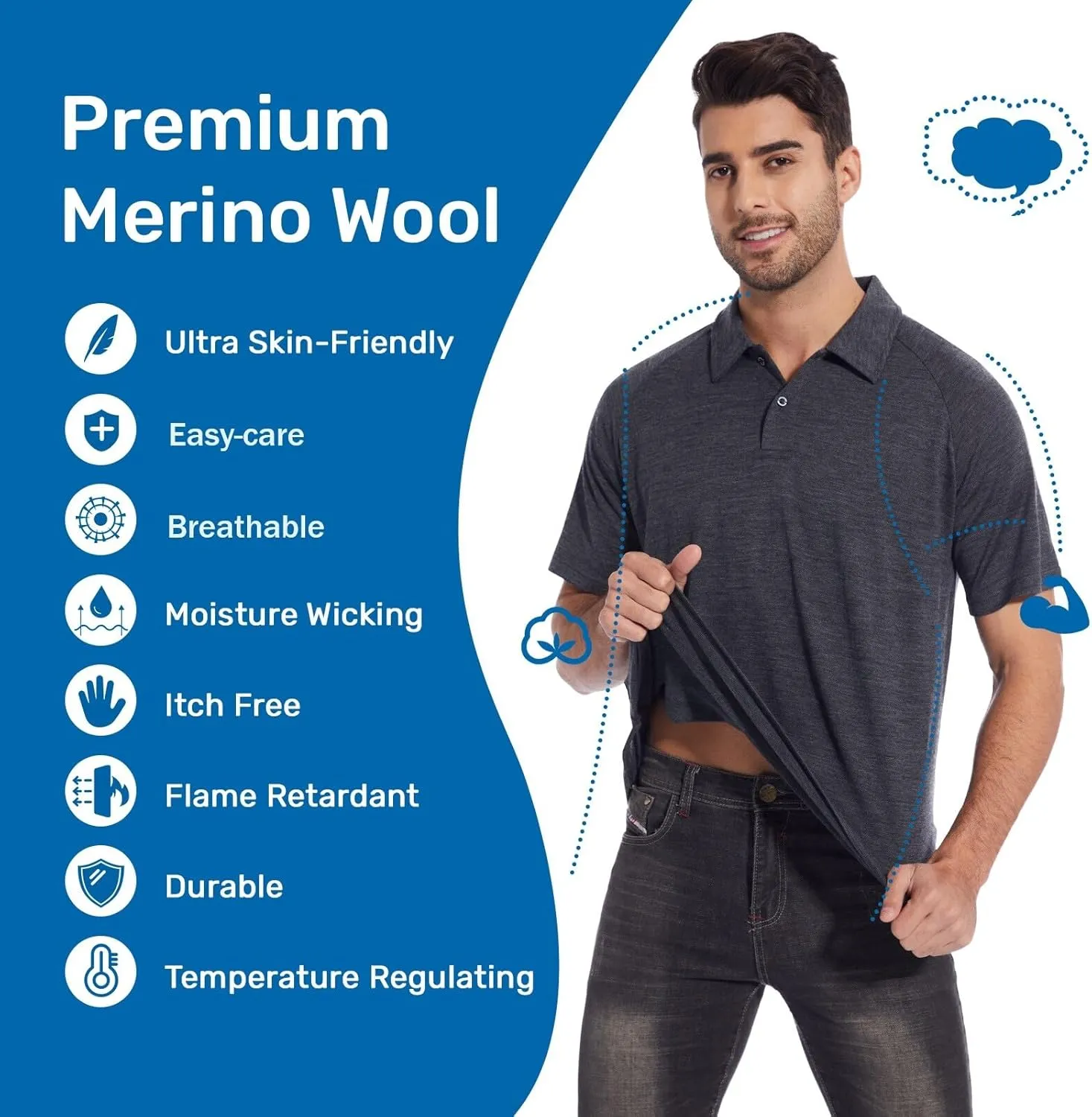 MERINNOVATION Merino Wool Polo Shirts Men - 100% Merino Wool Shirts for Men Short Sleeve Wicking Base Layer