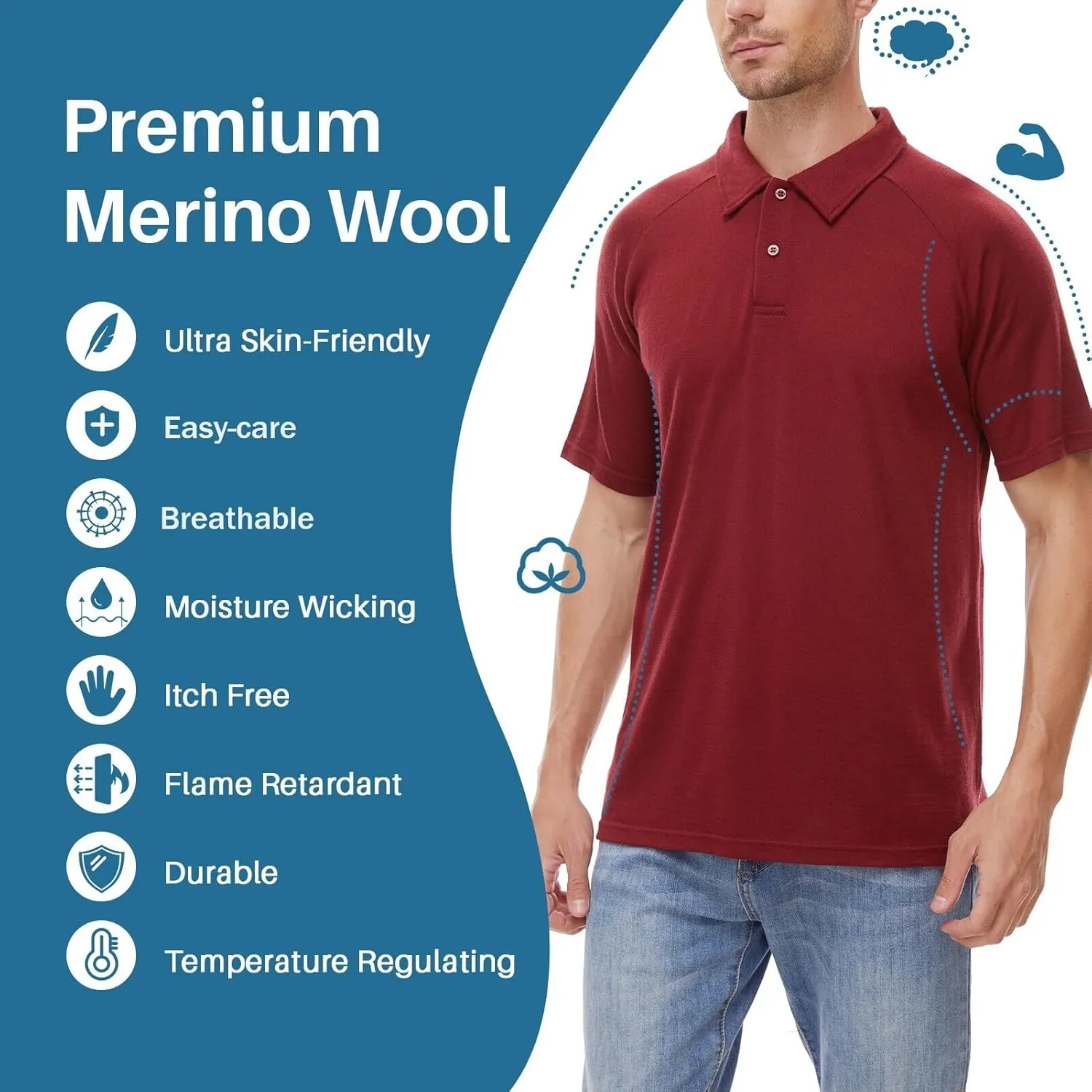 MERINNOVATION Merino Wool Polo Shirts Men - 100% Merino Wool Shirts for Men Short Sleeve Wicking Base Layer
