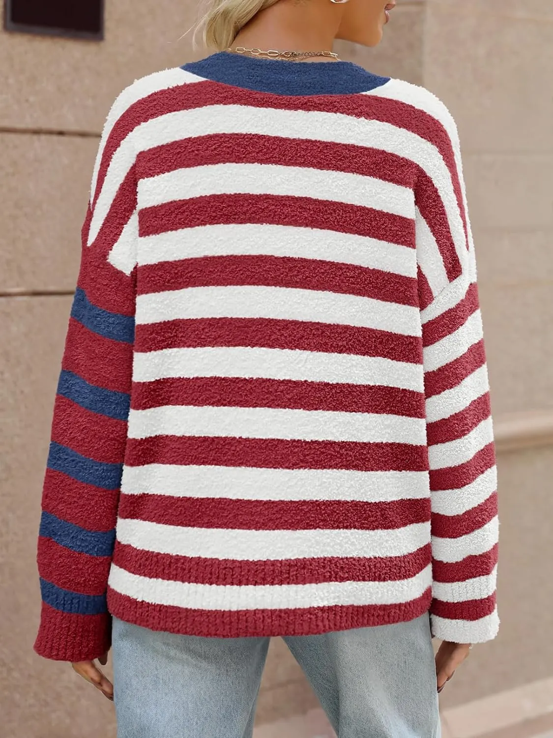 MEROKEETY Women's Striped Cardigan Sweaters Color Block Fuzzy Knit Coat Button Down V Neck Outfits