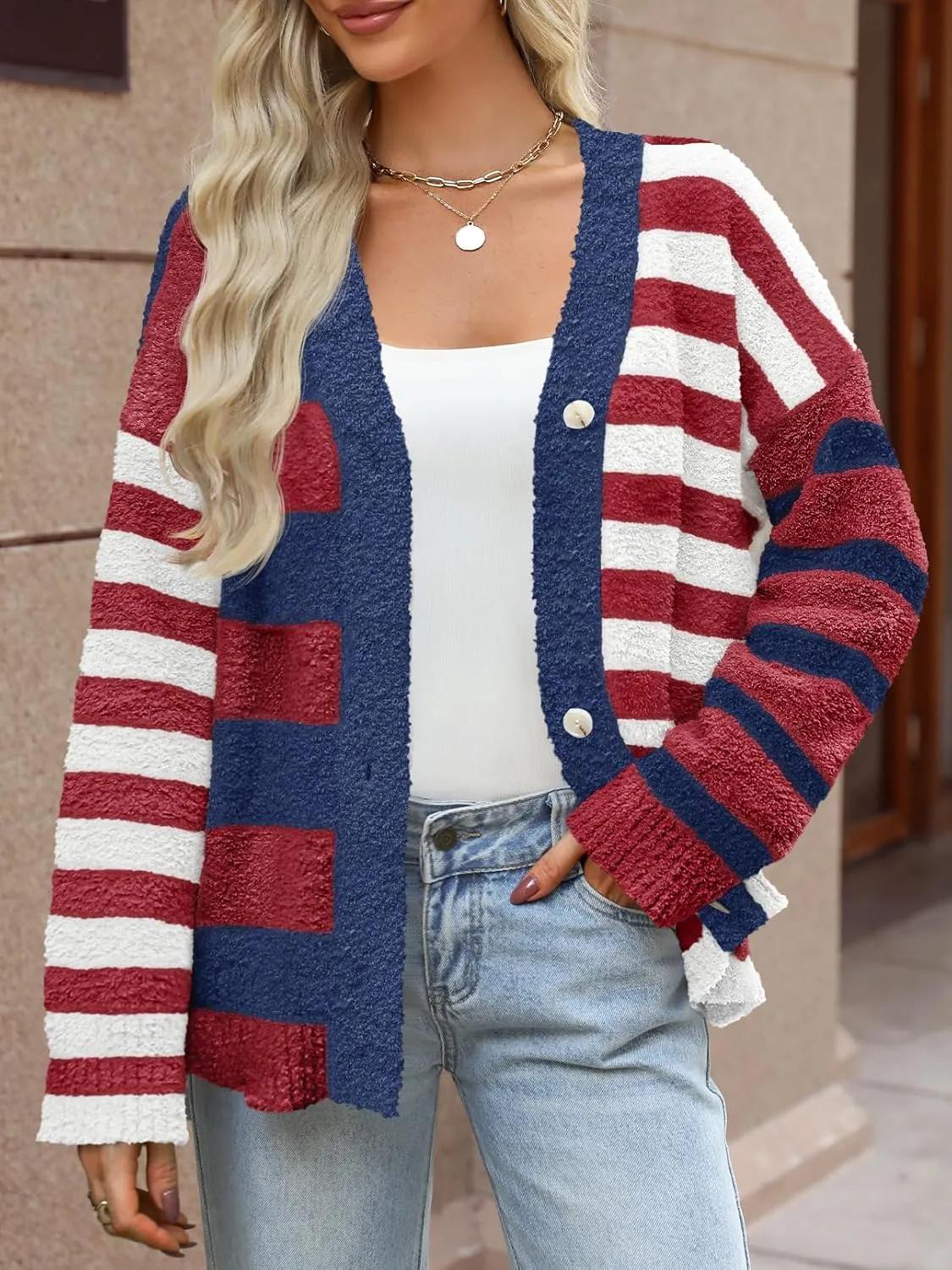 MEROKEETY Women's Striped Cardigan Sweaters Color Block Fuzzy Knit Coat Button Down V Neck Outfits