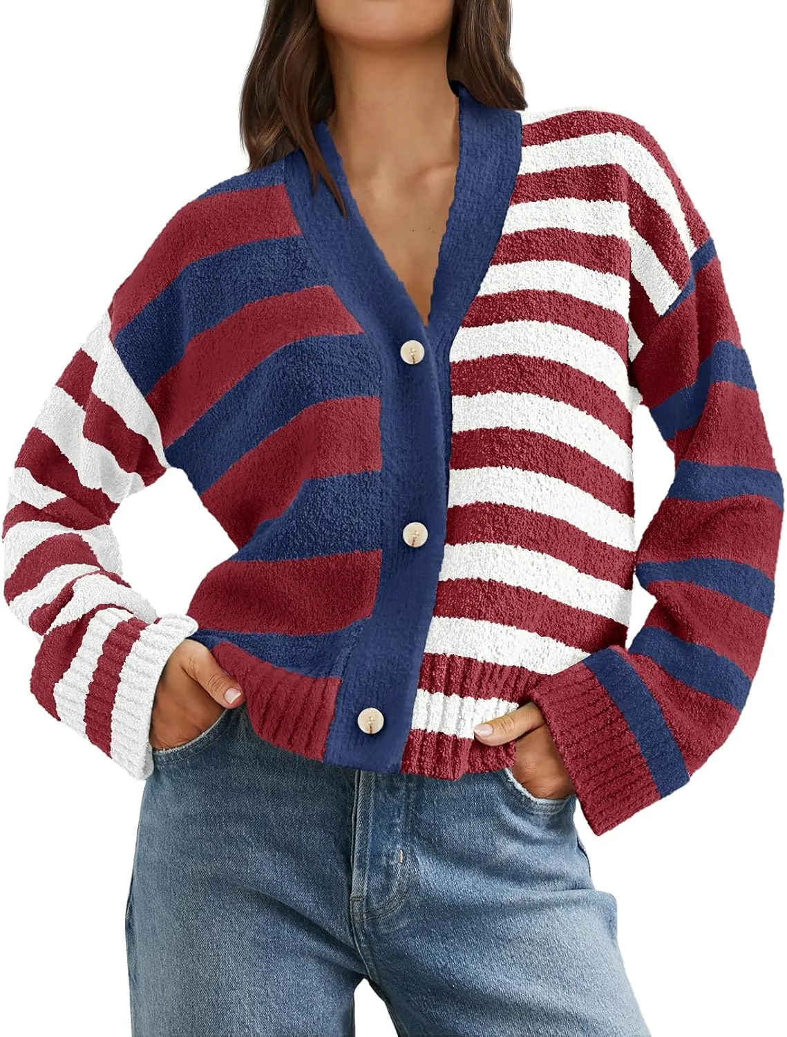 MEROKEETY Women's Striped Cardigan Sweaters Color Block Fuzzy Knit Coat Button Down V Neck Outfits