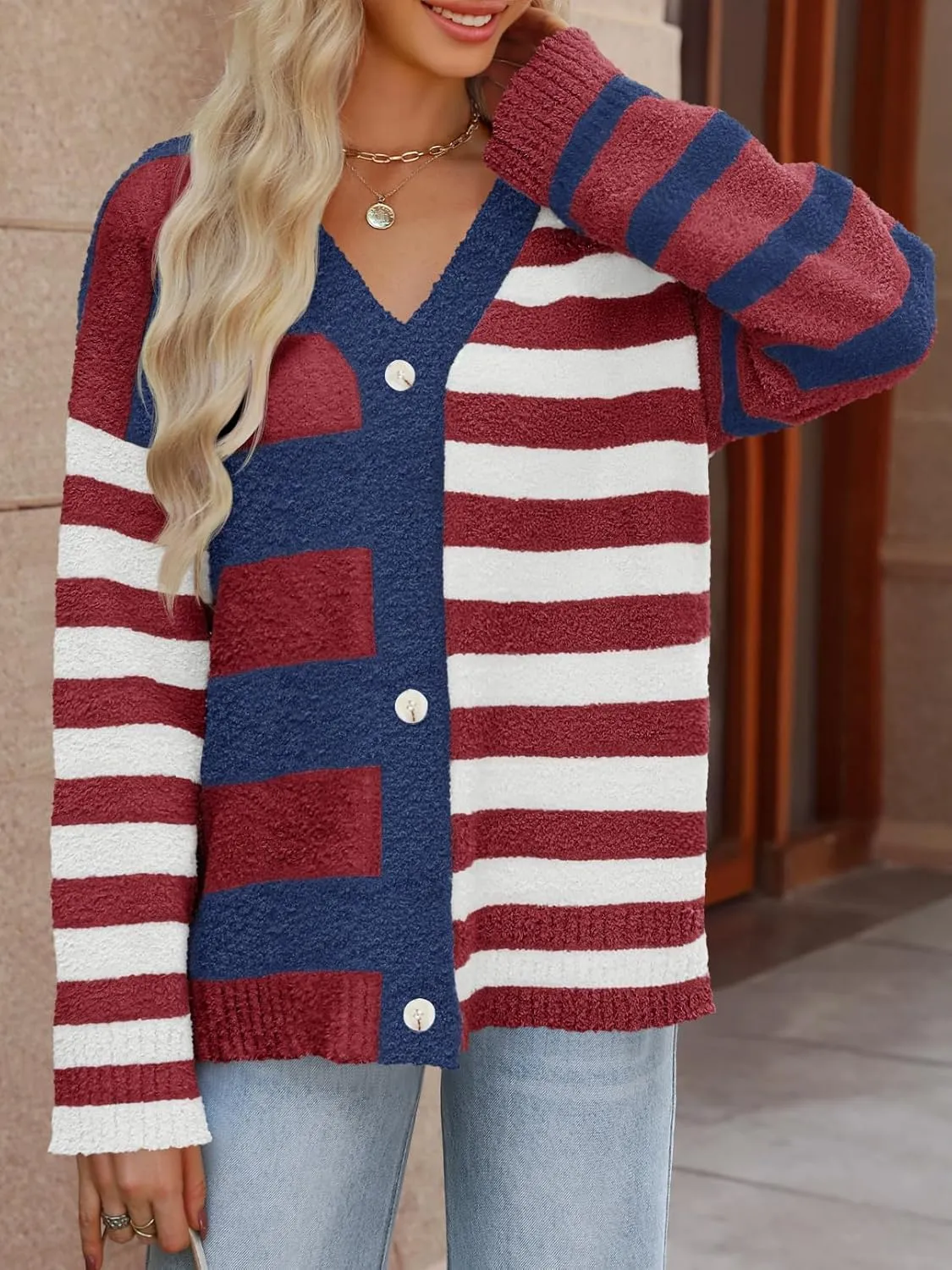 MEROKEETY Women's Striped Cardigan Sweaters Color Block Fuzzy Knit Coat Button Down V Neck Outfits