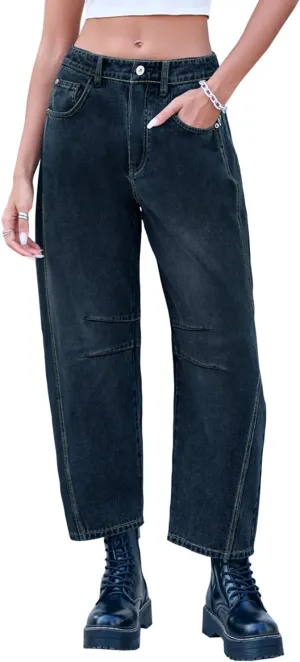 Mid Rise Barrel Jeans for Women Mid Waist Wide Leg Cropped Denim Pants Y2k Baggy Boyfriend Jeans with Pockets