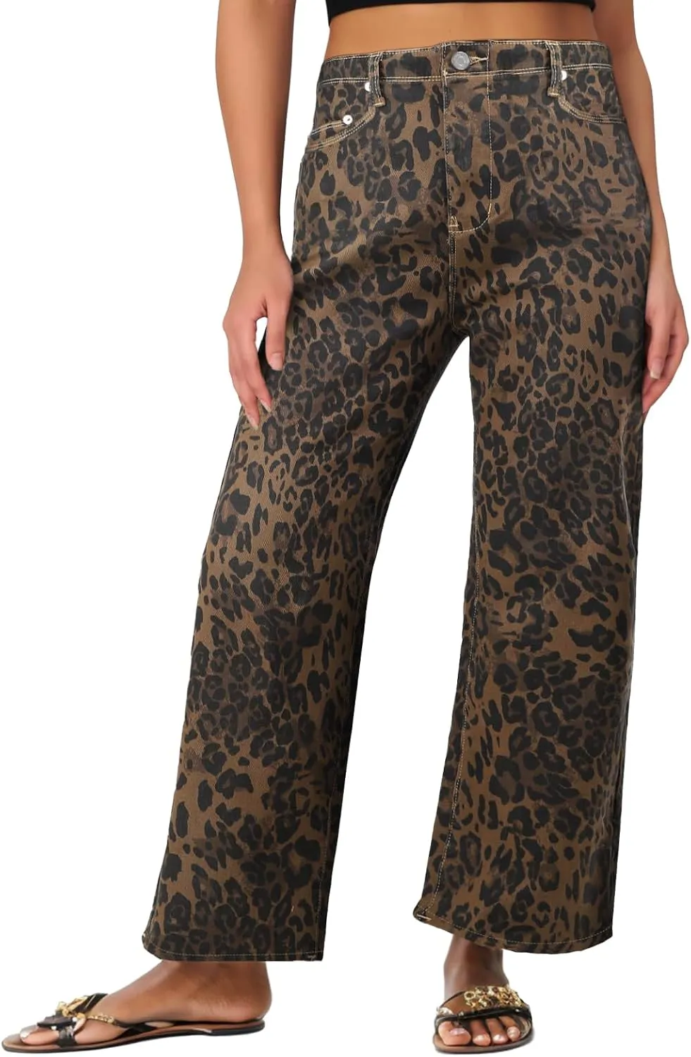 Mid Rise Leopard Print Barrel Jeans for Women Stylish Boyfriend Wide Leg Baggy Denim Pants Trendy Printed Pants