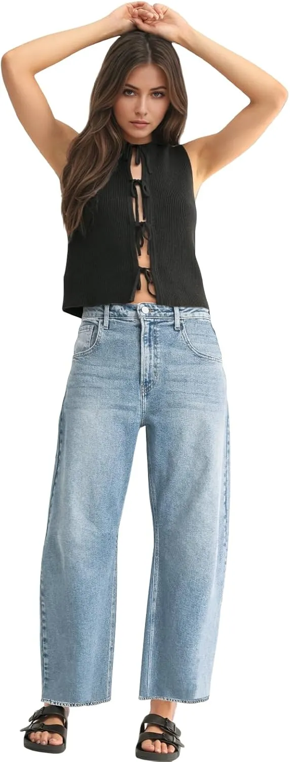 Mid Rise Leopard Print Barrel Jeans for Women Stylish Boyfriend Wide Leg Baggy Denim Pants Trendy Printed Pants