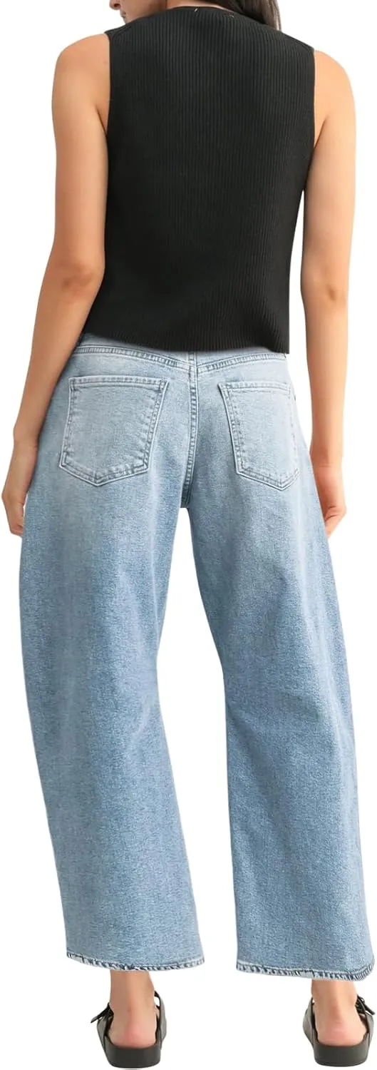 Mid Rise Leopard Print Barrel Jeans for Women Stylish Boyfriend Wide Leg Baggy Denim Pants Trendy Printed Pants