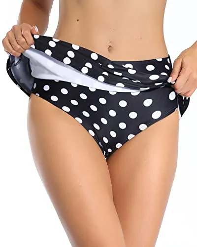Mid Waist Elastic Waist Swim Skirt Bottoms For Women-Black Dot