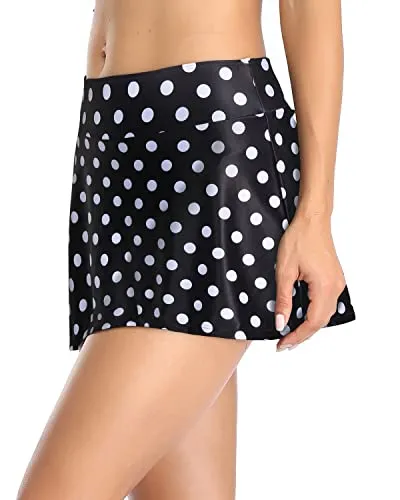 Mid Waist Elastic Waist Swim Skirt Bottoms For Women-Black Dot